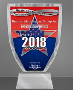 Branson Management Group Inc Receives 2017 Best of Henderson Award HENDERSON -- For the sixth consecutive year, Branson Management Group Inc has been selected for the 2017 Best of Henderson Award in the Financial Billing Services category by the Henderson Award Program.